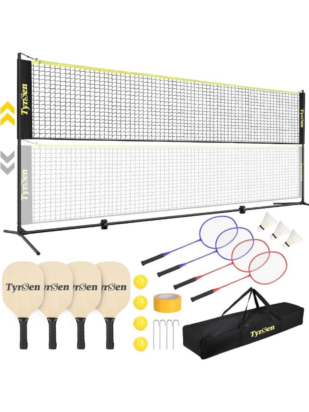 Adjustable 17FT Portable Pickleball & Badminton Net Set w/4 Paddles & Rackets